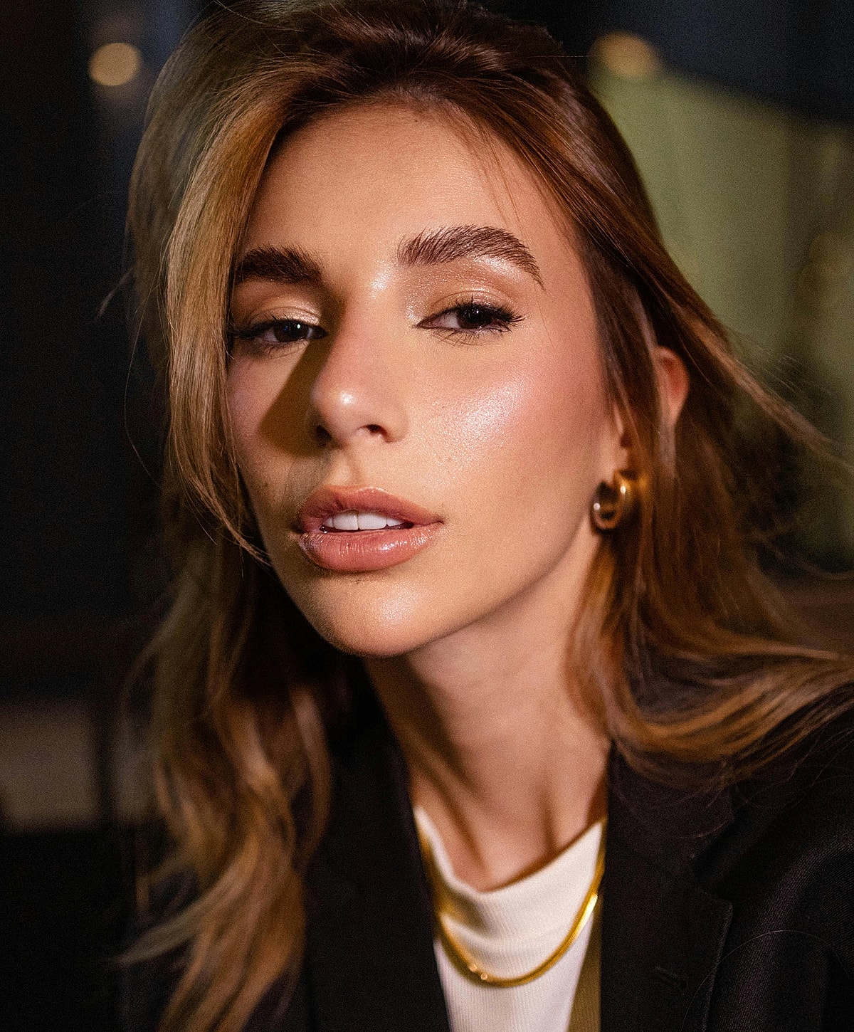 Woman with stylish makeup and jewelry portrait.